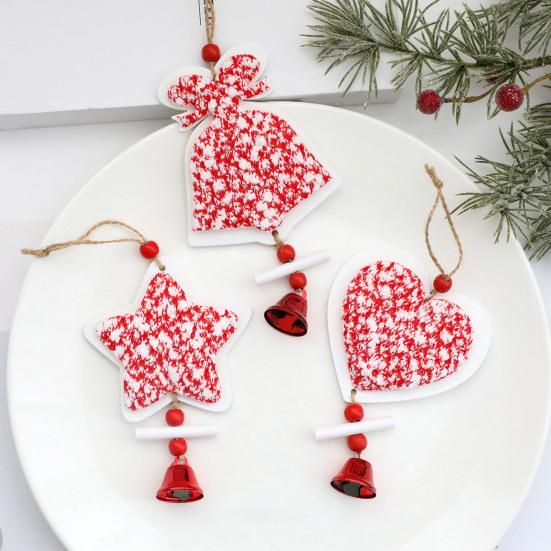 Christmas Wooden Ornaments Red White Heart Bell Star Shaped Hanging Ornament with Bells for Tree Mantel Stair Rail Holiday Decor