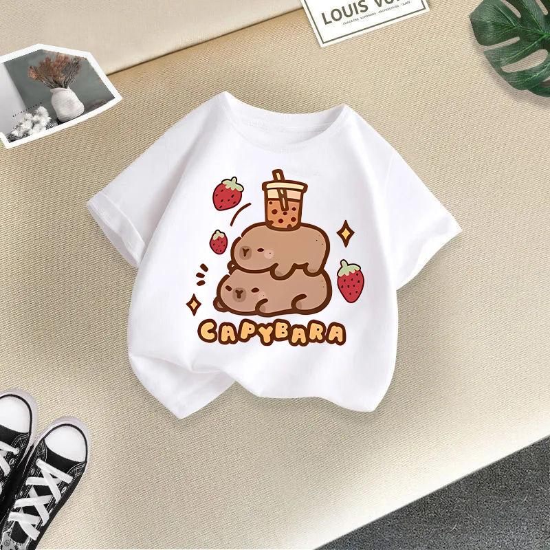 Kinder T-Shirt Capybara Aufdruck Kinder 100% Baumwolle Kleidung Oberteile 2-13J Locker geschnitten Lässig Rundhalsausschnitt Kurzarm T-Shirt