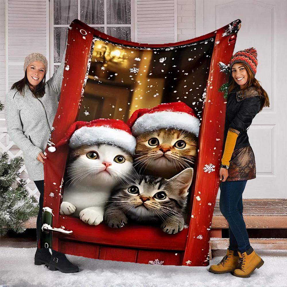 1pc Christmas Cats Outdoor Flannel Blanket Soft All Season Polyester Throw , Perfect for Picnics & Travel , Picnic Accessory