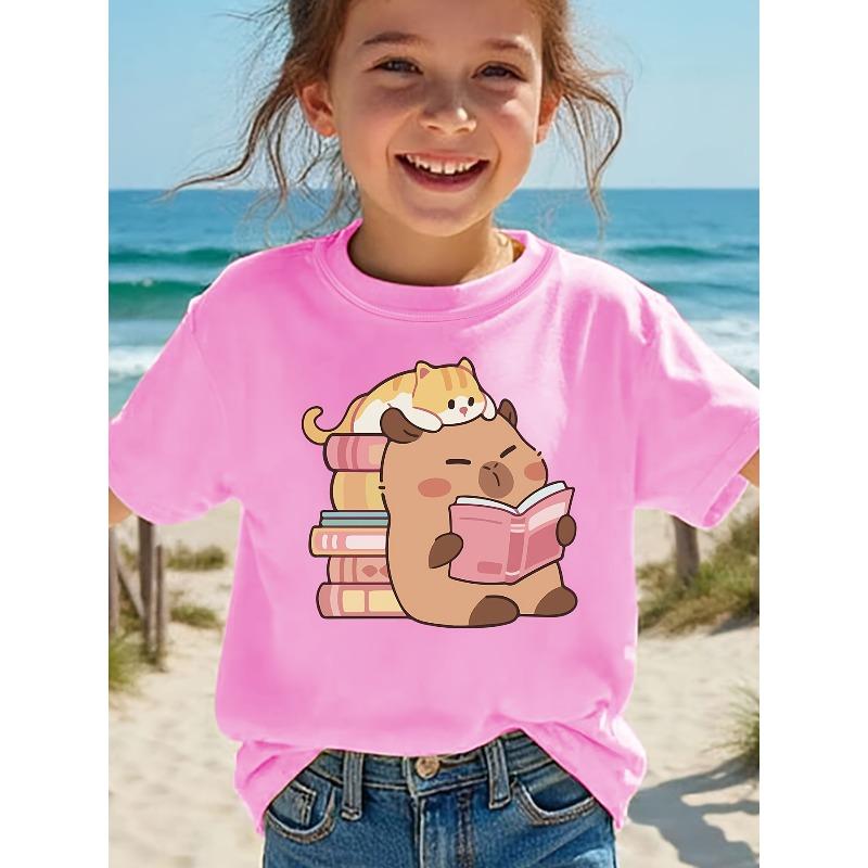European Size Girls Round-neck Short-sleeved T-shirt with Cartoon Cat Reading Book and Kabbalah Pattern