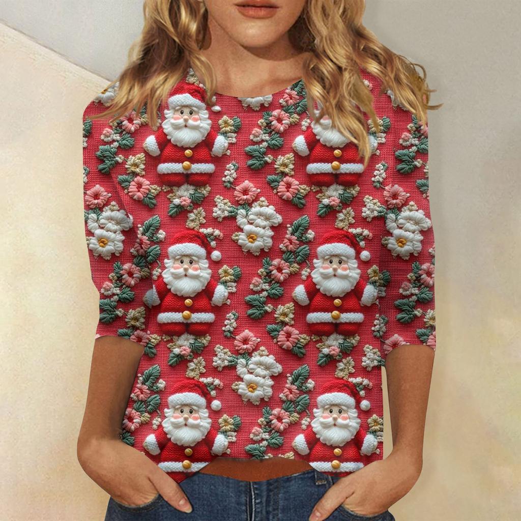Women's Fashionable Casual Three-Quarter Sleeve Christmas Print Round Neck Top