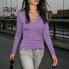 V-Neck Pleated Shirt Cross Long Sleeve Top for Women, Slim Fit Sexy Women Shirts Shirt, Fall Solid Color Casual Blouse Office Work Wear