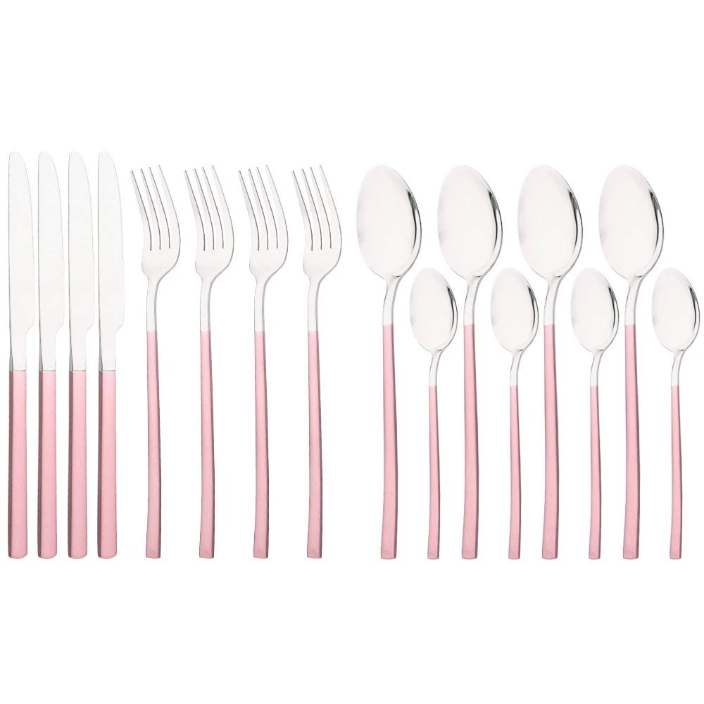 16Pcs Rose Gold Dinnerware Set Knife Fork Coffee Tea Spoon Cutlery Set Stainless Steel Tableware Western Home Kitchen Flatware
