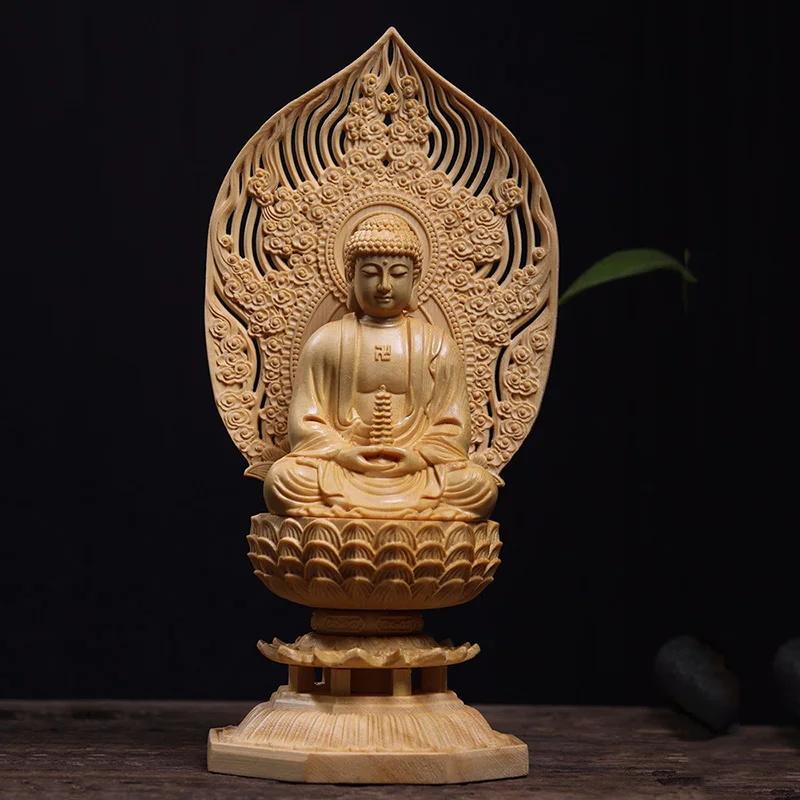 Solid wood carving Lotus Shakyamuni Buddha Statue Handmade- Chinese Buddha statue Suitable for home living room office ornaments
