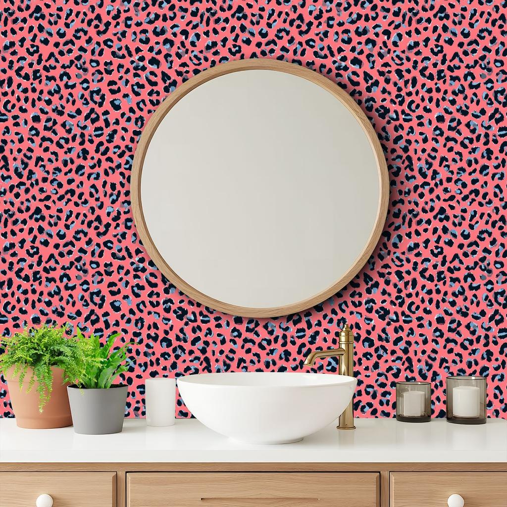 Pink Black Leopard Blue Wallpaper 22.83"X118" Waterproof Wallpaper for Living Room/Bedroom/Bathroom PVC Wall Sticker