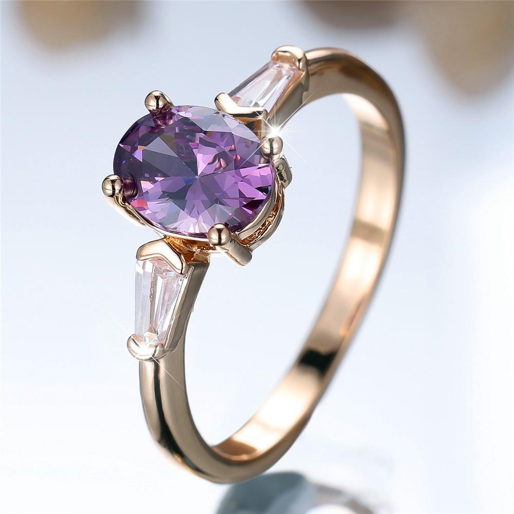 Trendy Purple Zircon Crystal Oval Stone Vintage Gold Color Wedding Bands Engagement Rings For Wome Jewelry