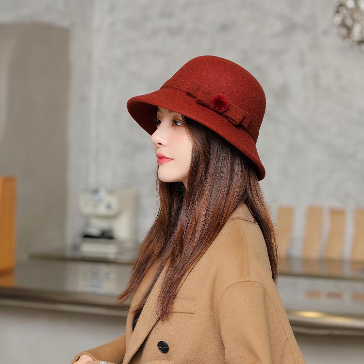 Korean Wool Fisherman Hat with Japanese Style and Pom Pom, Warm Autumn/Winter Bucket Hat for Women.