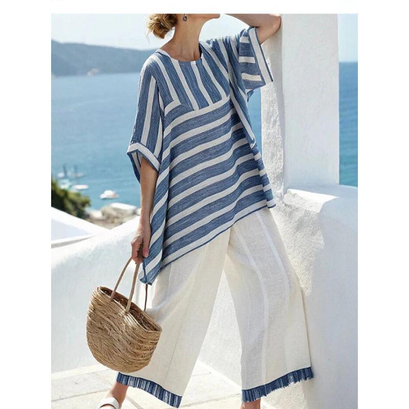 New striped linen suit women's summer loose casual wide-leg pants two-piece literary and artistic style large-size blouse