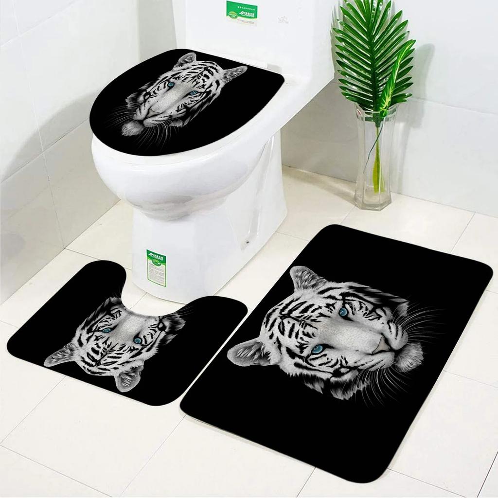Tiger Bath Mat Set Ferocious Animal Black Non-slip Toilet Lid Foot Rug Floor Mat Small Carpet Anti Slip Bathroom Accessory Set