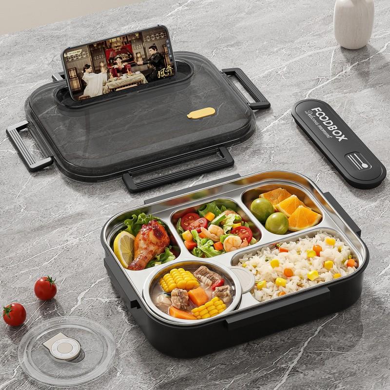 Lunch Box Acciaio Inox 2800ml Contenitore Bento 5 Scomparti per Adulti Adatto al Microonde Con Set Cucchiaio Forchetta