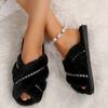 Fashion Women's Warm Plush Cross Strap House Slippers Fashion Chain Decor Fluffy Fur Slides Woman Autumn Winter Open Toe Furry Slippers