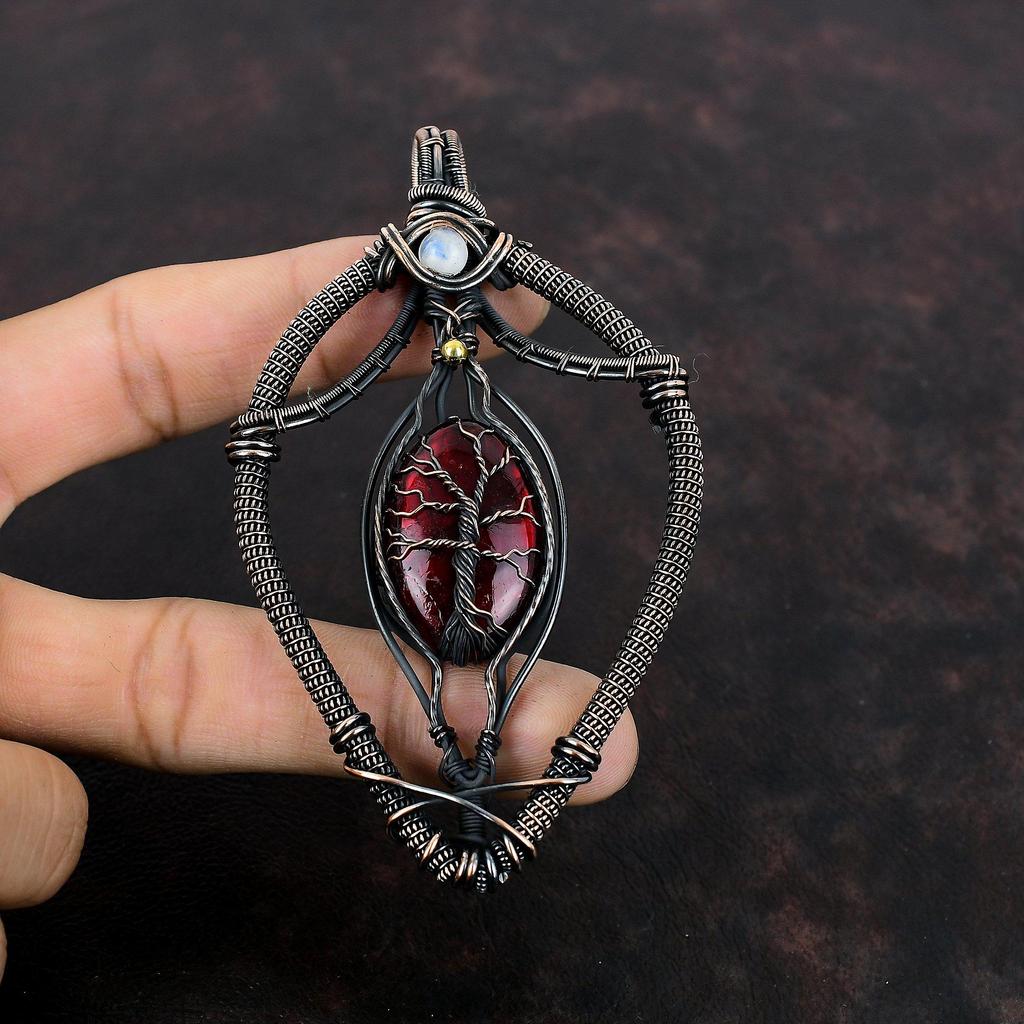 Baum des Lebens Roter Feuer-Labradorit Anhänger Kupferdraht umwickelter Anhänger Regenbogenmondstein Schmuck Edelsteinanhänger Handgefertigter Schmuck zum Geschenk