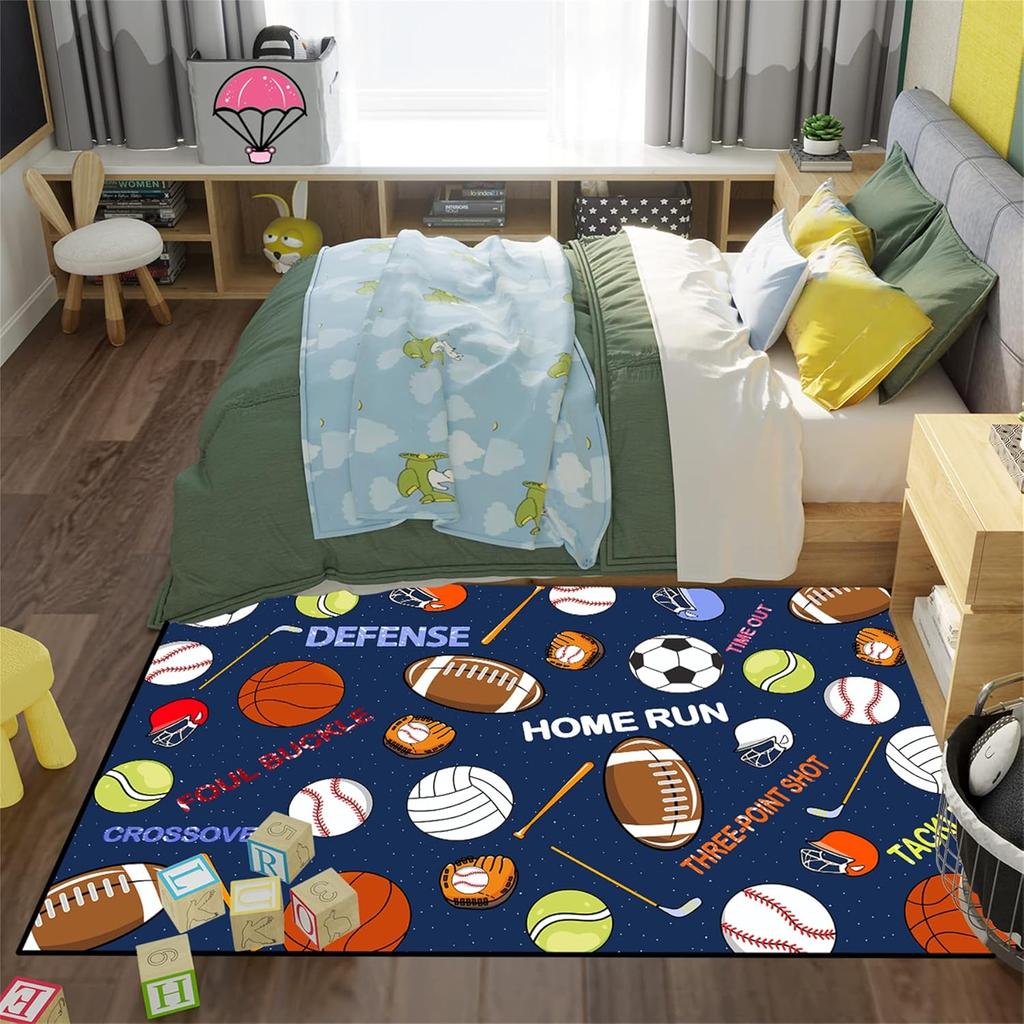 Navy Blue Sports Rug for Boys - Soccer Basketball Football Tennis Ball Kids Bedroom Decor, Non-Slip Playroom Carpet
