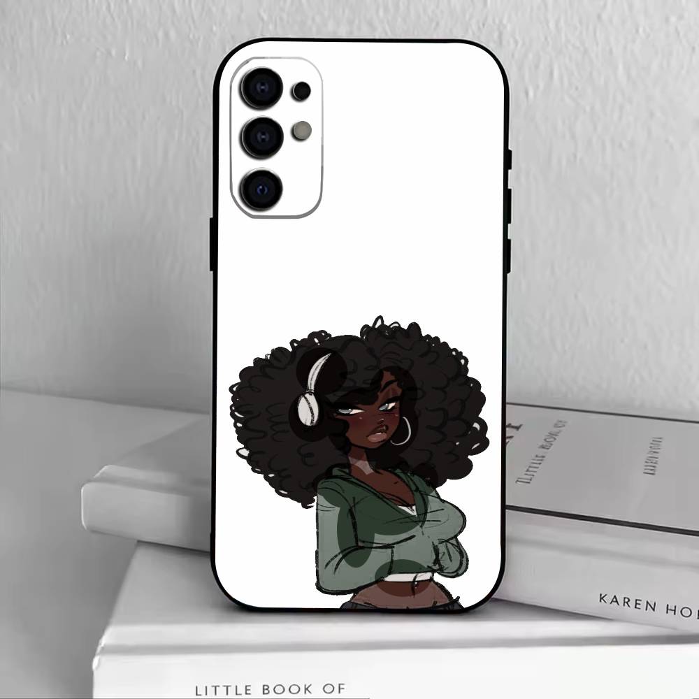 Cartoon Black Girl A-Afro Phone Case Black Silicone Soft For Samsung S25,S24,S21,S22,S23,S30,Ultra,S20,Plus,Fe,Lite