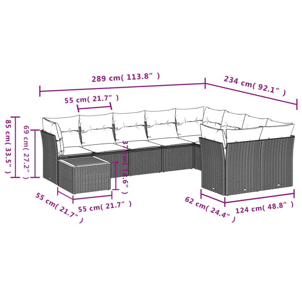 10 Piece Grey Garden Sofa Set with Cushions Poly Rattan