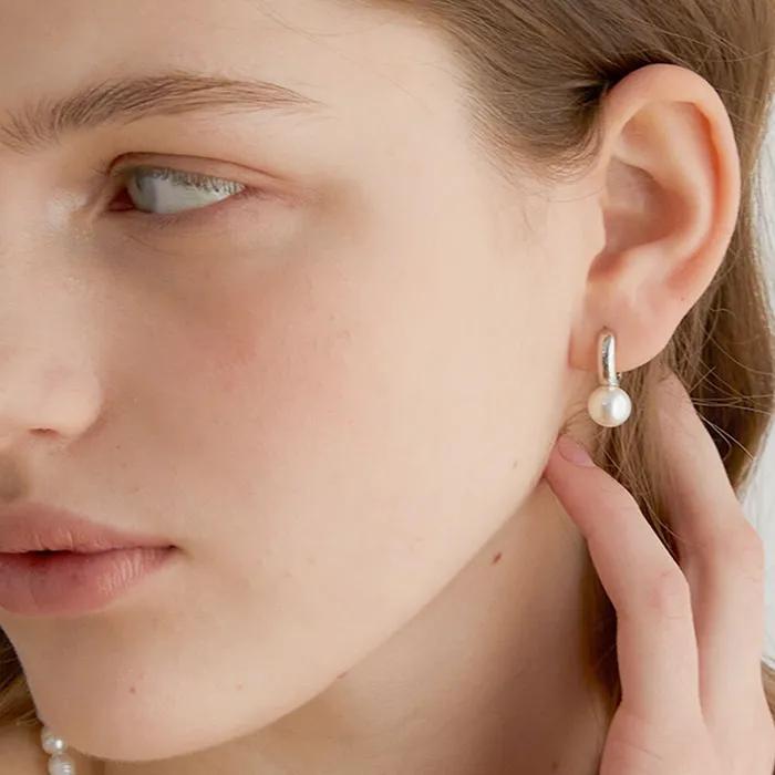 Round Ring Drop Pearl Earrings (E008_silver)