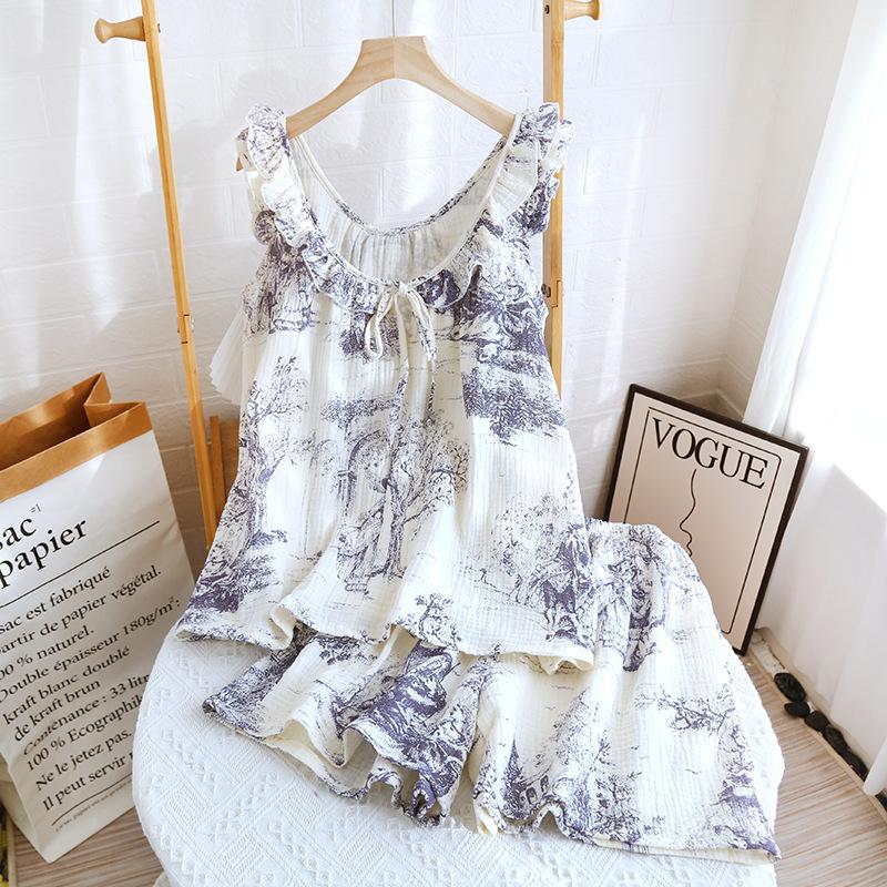 Spring and summer new loungewear pure cotton gauze Korean version floral series suspender shorts set breathable loose pajamas