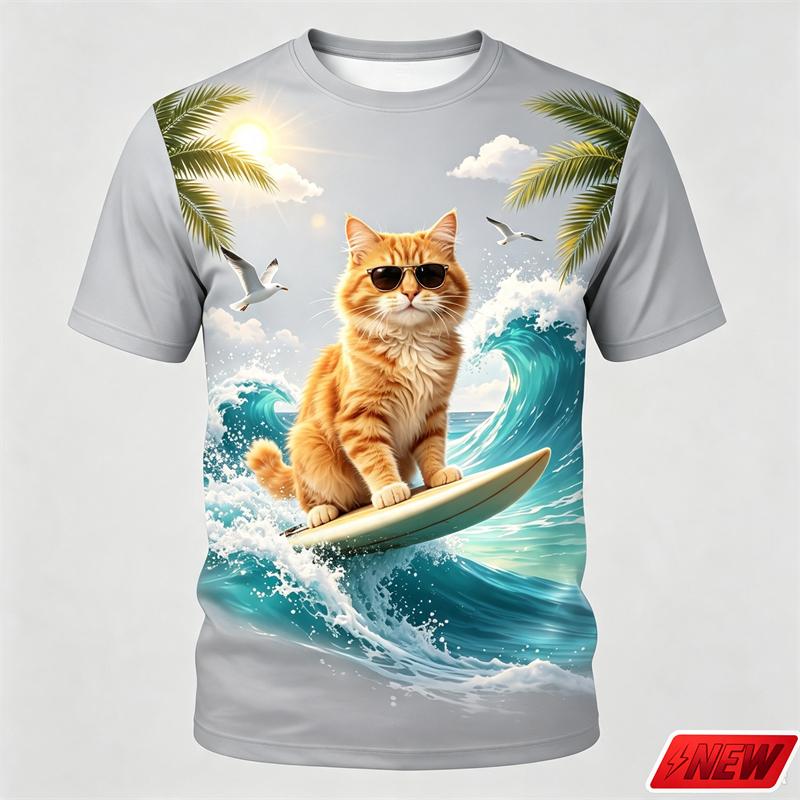 Cool Ginger Cat Surfing With Sunglasses Graphic T Shirt Men 3D Print Ocean Pattern Tee Summer Casual Street Short Sleeve Top