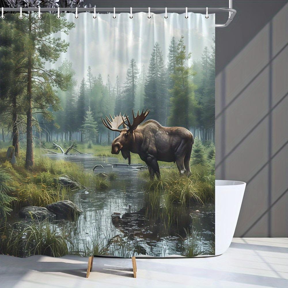 Deer Forest Wildlife Shower Curtain Moose Trees Outdoor Nature Landscape Bathroom Decor With Hooks