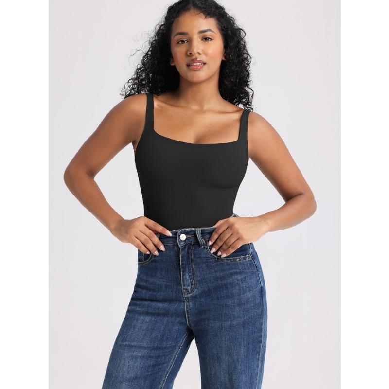 Women High Waist Double Layer Tummy Control U Back Solid Bodysuit
