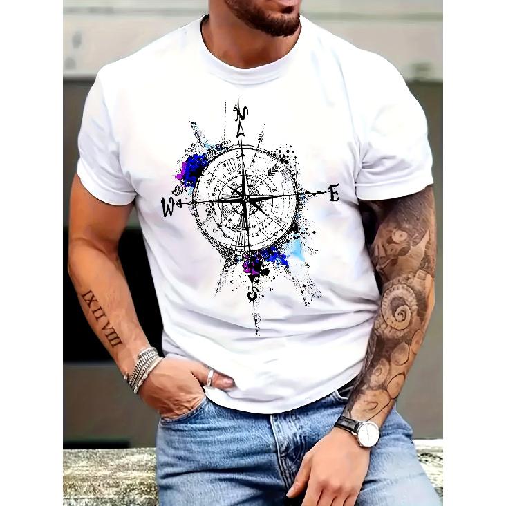 Men's Short Sleeve T-Shirt with Compass Graphic Print, Crew Neck, Soft Cotton Feel, Casual Fit for Daily Wear