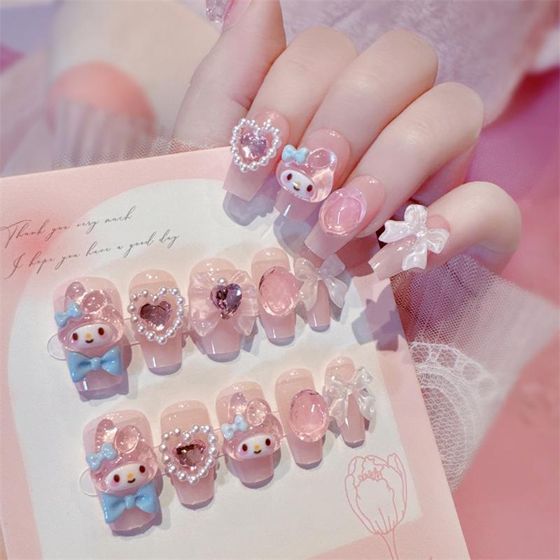 Kawaii Miniso Cartoon Sanrio My Melody Fake Nails Cute Nail Patches Fashion Charm Good-looking Nail Sticker Women Holiday Gifts