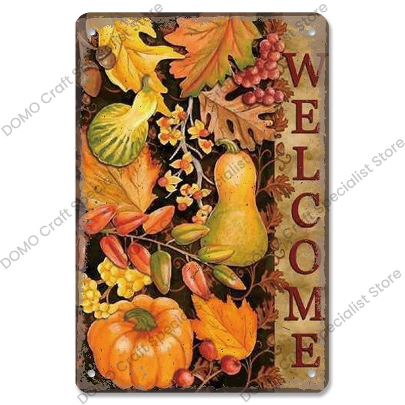 Welcome Poster Metal Plate Vintage Pumpkin Sunflower Bird Metal Tin Signs Wall Decor Garden Door Cafe Party