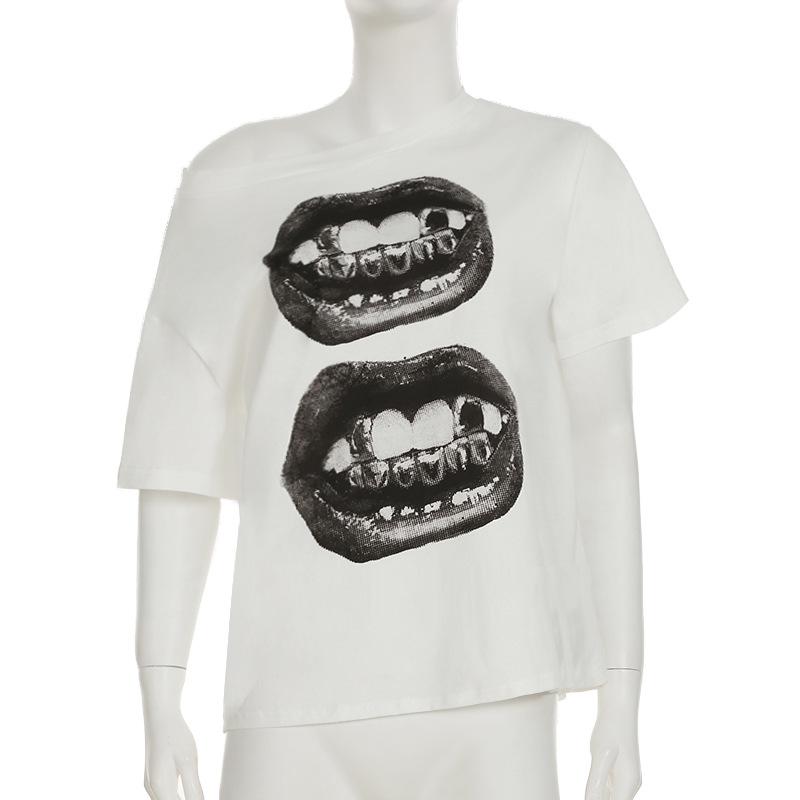 

Американская уличная хип-хоп футболка свободного кроя с принтом рта для женщин, персонализированный повседневный топ L белый