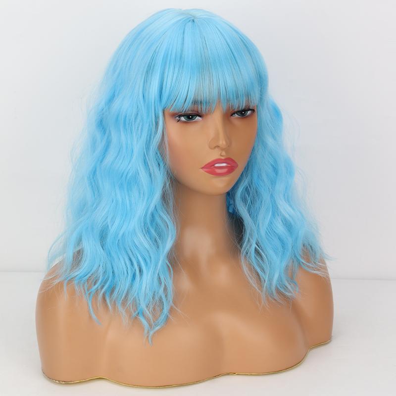 LISI HAIR Rose Red Short Wavy Wig with Bangs Synthetic Fiber Shoulder Length Fashion Cosplay Daily Wear Natural Wavy Wig