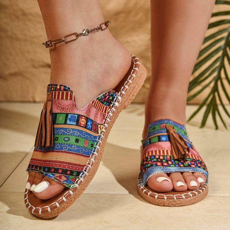 

Large size ethnic style flat-bottomed slippers women s summer 2025 new European and American fringed beach shoes size 43 wish 43 синий