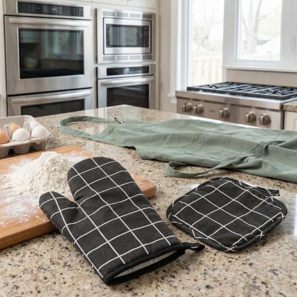 4Pcs Anti-scalding Oven Gloves Set Cotton Linen Oven Mitts and Pot Holder  Microwave