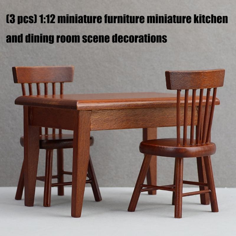 3PCS 1:12 Scale Miniature Kitchen Furniture Set Realistic Wooden Dollhouses Accessories For Dining Room Decors