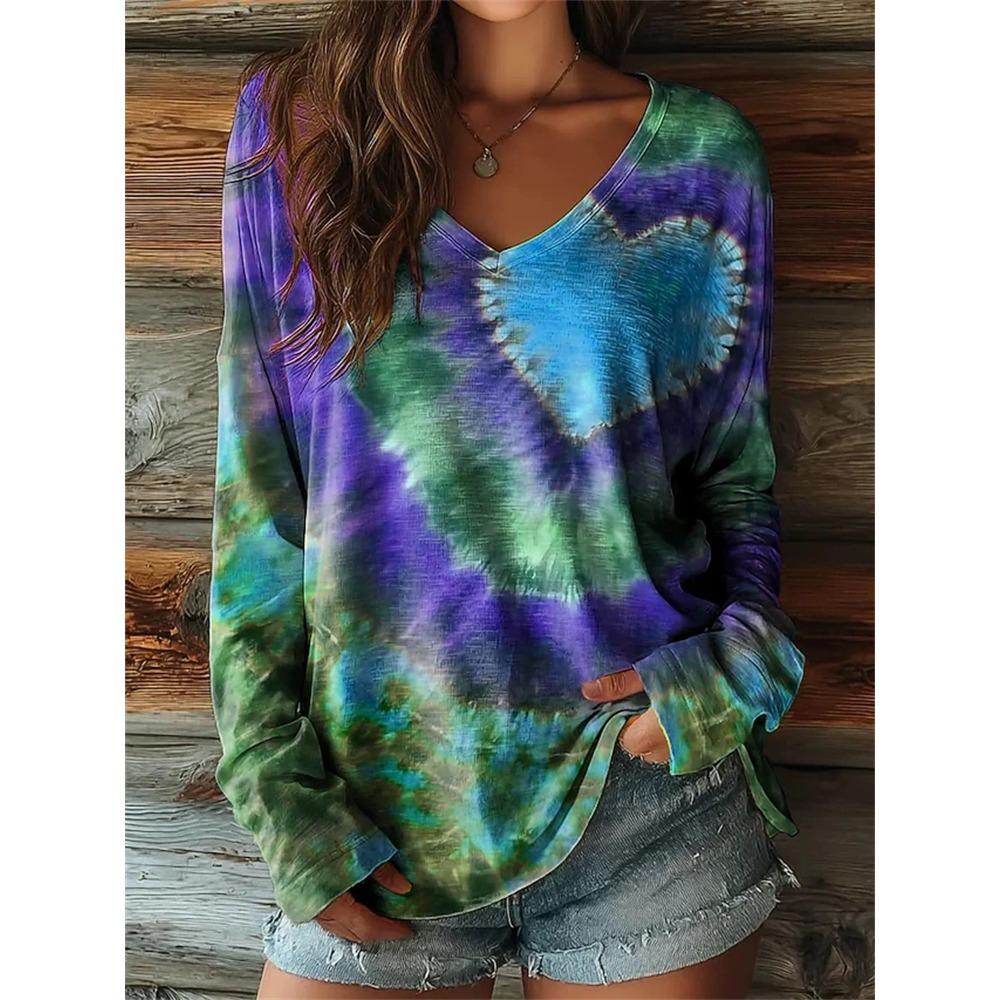 Women's Autumn Long-Sleeve T-Shirt V-Neck Loose Fit Patchwork Style with Irregular Geometric Print Trendy Street-Style Top