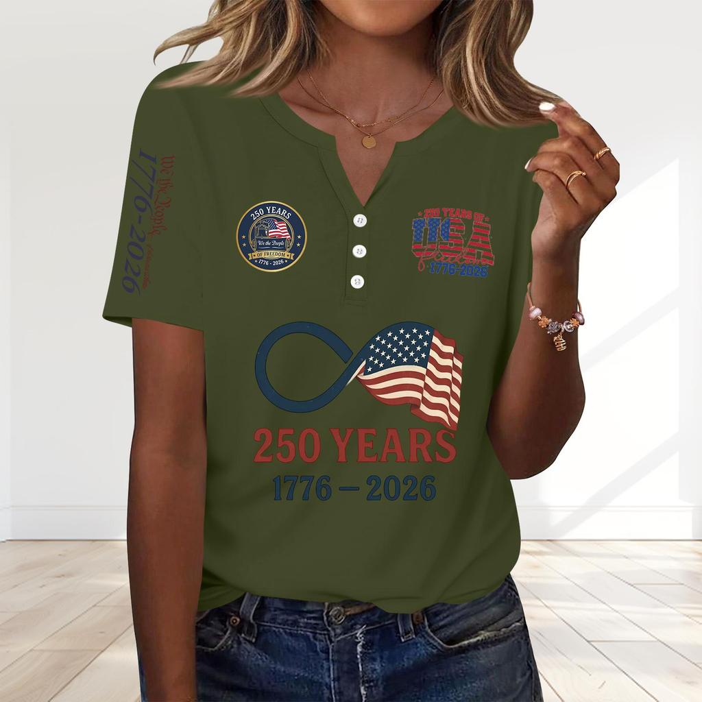 Women's Fashion Casual 250th Anniversary Independence Day Print V-Neck Short Sleeve Decorated Button-Up T-Shirt