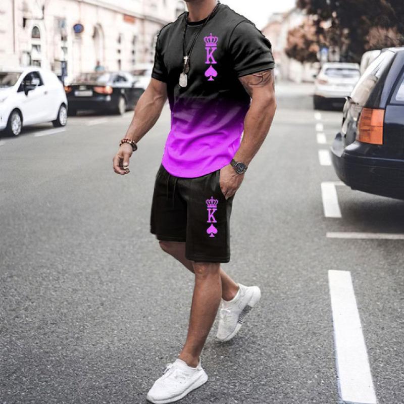 Summer Men Sets 3D Print Letter K Short Sleeve T Shirt Shorts Tracksuit O-neck Men's Suit 2 Piece Causal Man Clothes Sportswear
