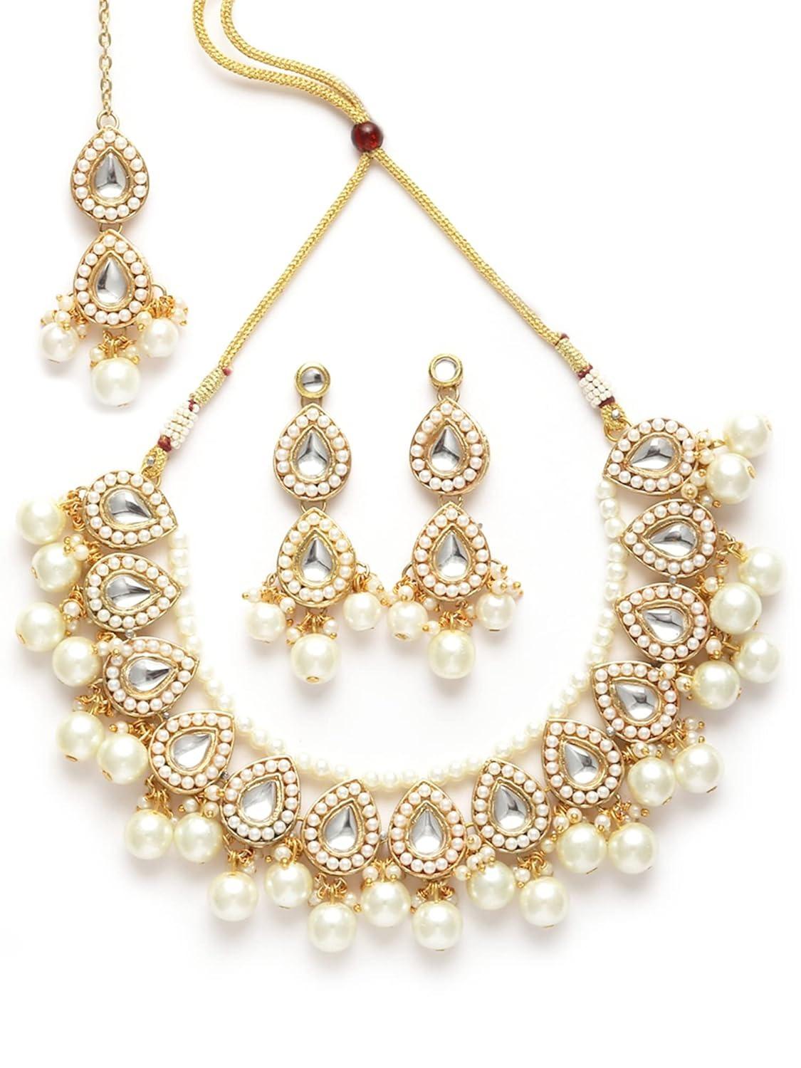 

Gold Plated Pearl and Drop Kundan Studded Choker Necklace Setfor Women Onesize
