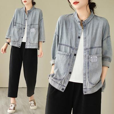 Neue kurze Jeansjacke für Damen im Frühling, koreanischer Waschstil und Retro-Stehkragenjacke im alten Workwear-Stil
