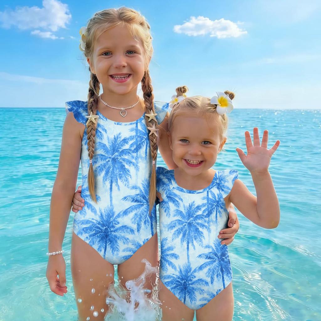 Girls One Piece Swimsuit Hawaiian Print Sleeveless Ruffle Shoulder Swimwear Kids Beachwear Bathing Suit for Summer Pool Water Activities
