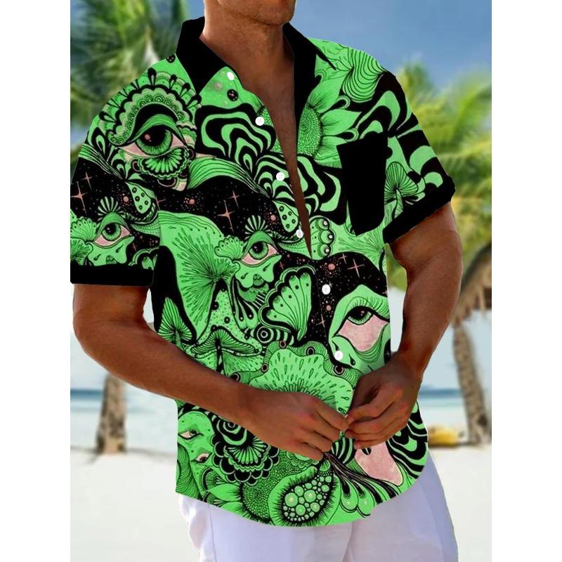 Nuova Camicia Stampata Hawaii Primavera/Estate Moda Tempo Libero Passeggiata in Strada Turista Spiaggia Apertura Totale Manica Corta con Bottoni