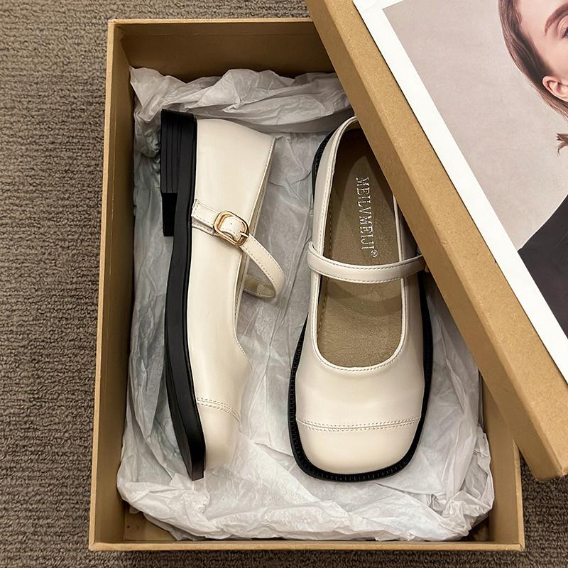 Silver French Square Head Soft Sole Light Mouth Single Shoes Women's 2025 New Models with Skirt Temperament Mary Jane Women's Shoes Small Leather Shoe