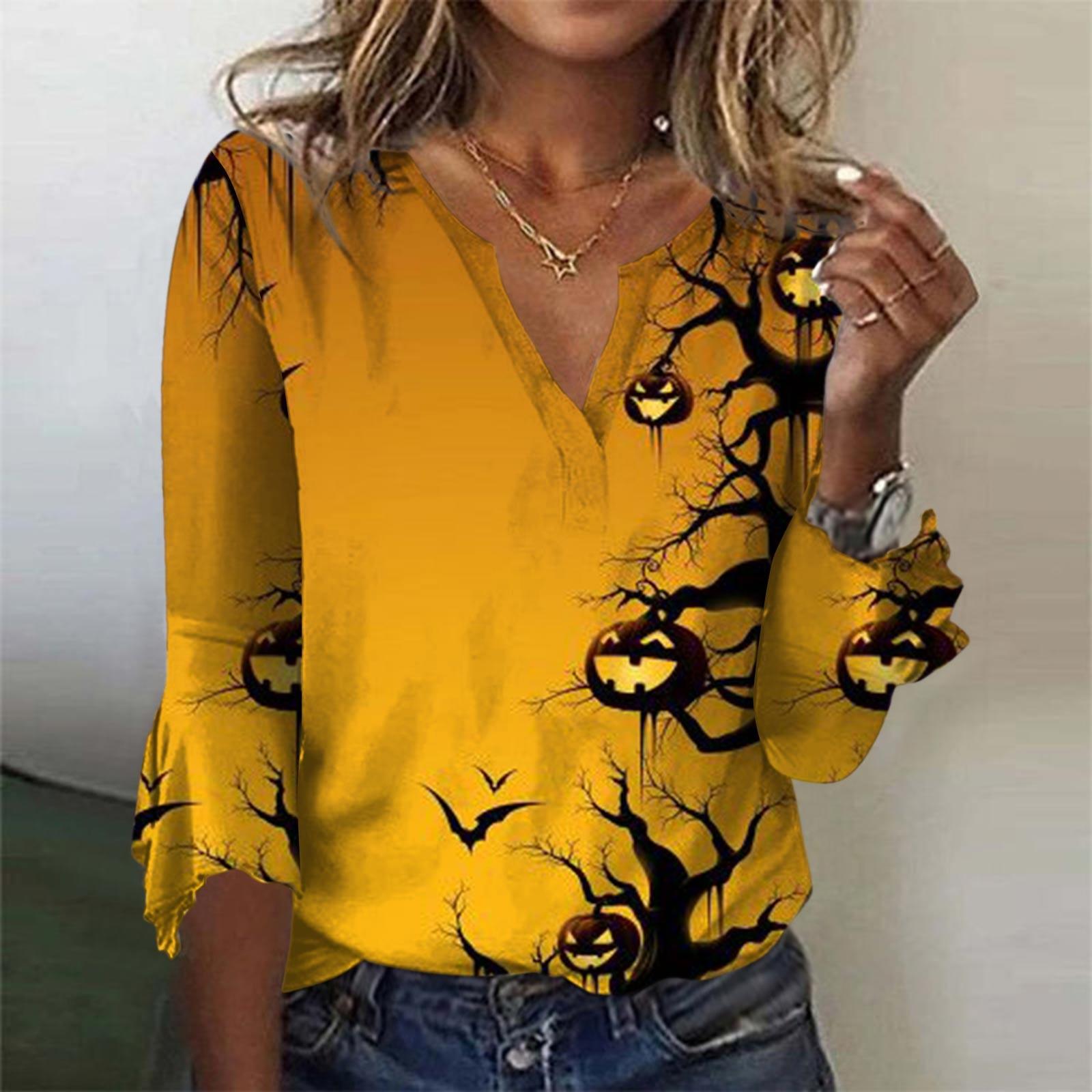 

Women s Top Loose Casual V-neck Halloween Printed Blouses Bell 3/4 Sleeve T-shirt XL жовтий