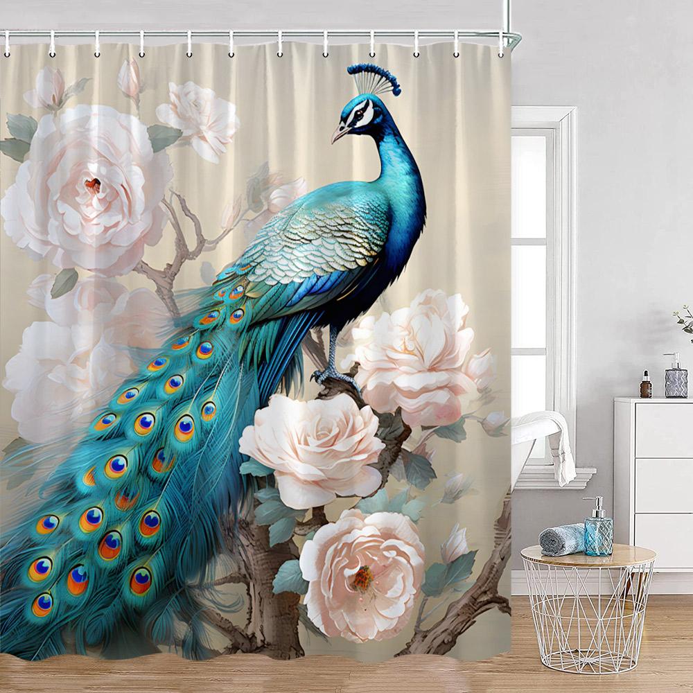 Peacock Shower Curtain Modern Oil Paniting Animals Flowers Plants Floral Bathroom Decor Elegant Fabric Bath Curtains with Hooks