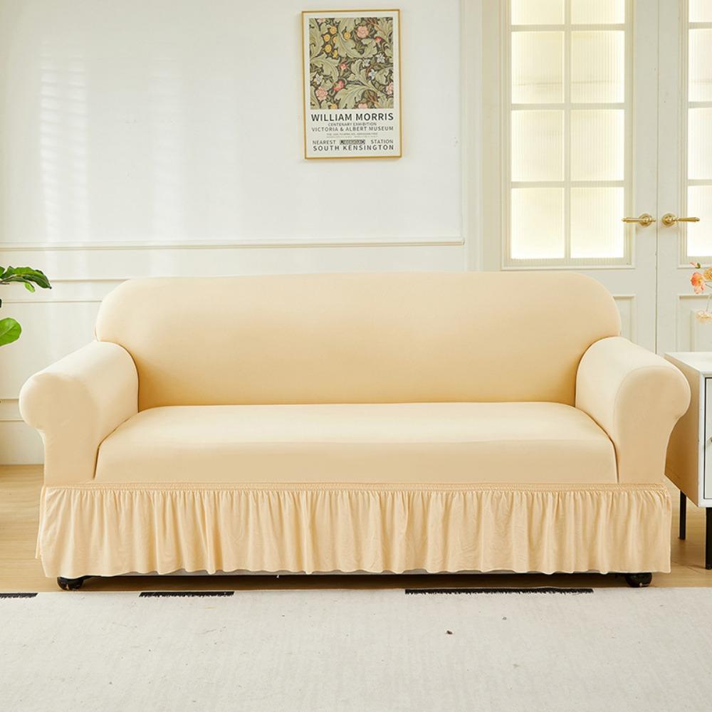 Elastic Solid Color Sofa Cover Full Protection Slip Resistant Minimalist Skirted Design