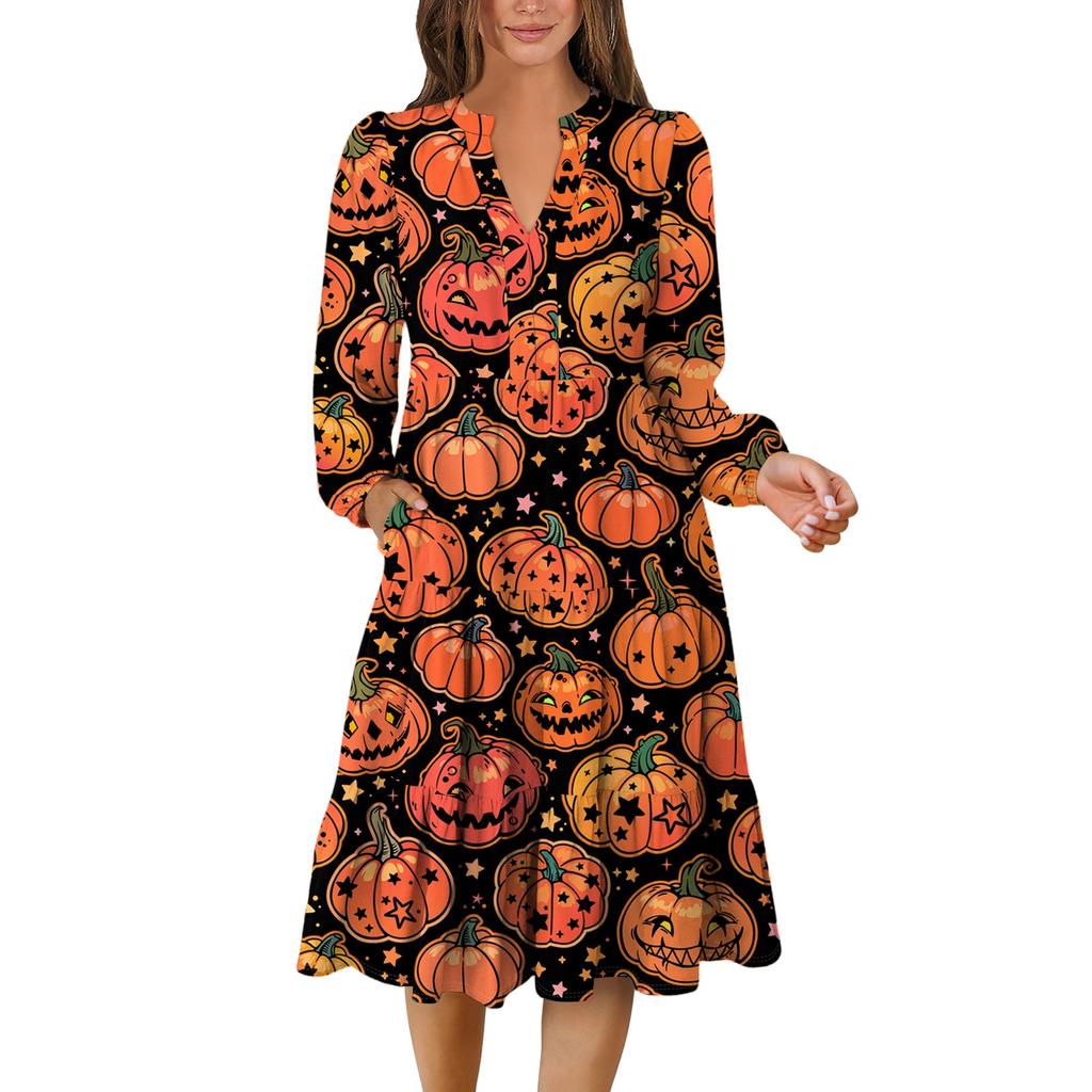 Women's V-Neck Flowing Layered Bohemian Long Sleeve Halloween Print Dress