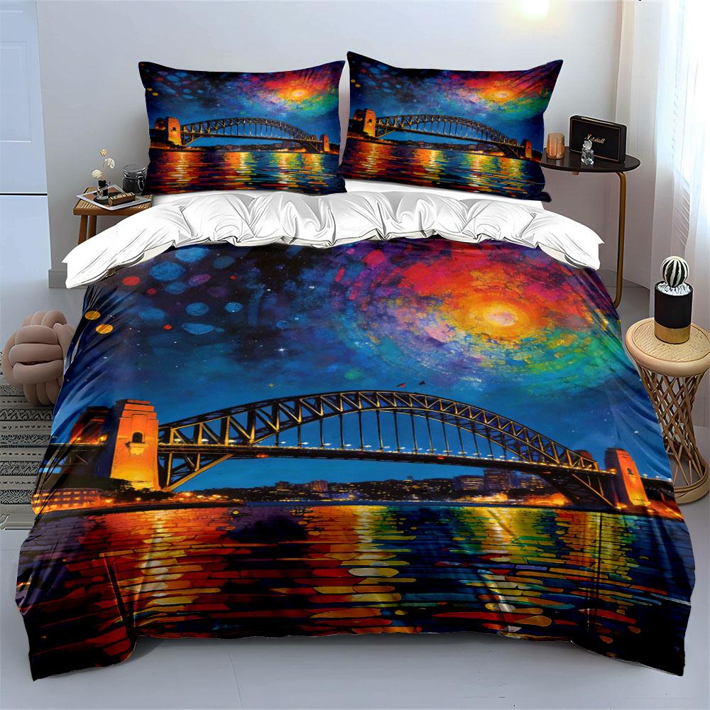 Bridge, Colorful Sky, Reflection. Bedding Sets Duvet Cover Sets Duvet Covers Pillowcases(1 * Duvet Cover 2 * Pillowcases Without Duvet Insert)