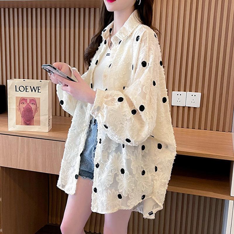 Women's Polka Dot Lapel Mesh Mesh Loose Single Breasted Long Sleeve Shirt