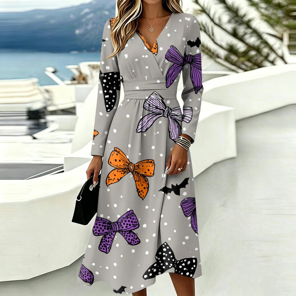 Women's Halloween Printed Long Sleeve V-Neck Dress with Pockets for Casual Everyday Wear