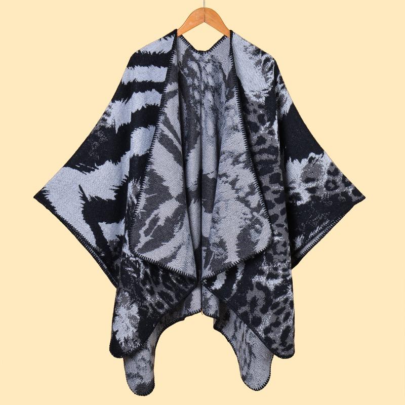 Fashion Ladies Jacquard Split Warm Shawl Cape AS Classic Animal Pattern Walk Show Shawl