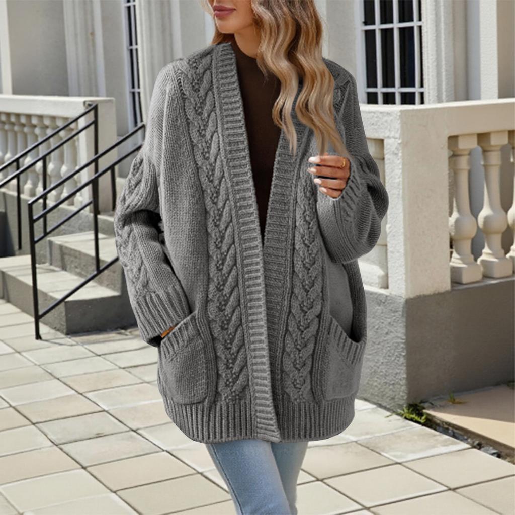 Ladies New Autum And Winter Loose Cable Knit Mid-length Sweater Coat