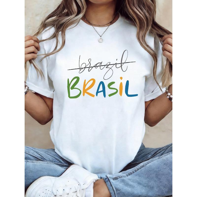 

Женская футболка большого размера с графическим принтом Бразилия BRASIL , повседневная футболка с коротким рукавом и круглым вырезом для лета и весны, женская одежда S белый